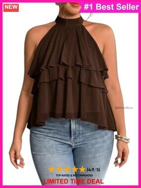 Plus Size Chiffon Peplum Halter Top Flowy Ruffle Sleeveless Keyhole Back